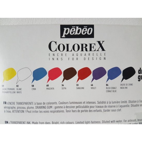 Water-based ink set, 10 colors, 20 ml liquid + drawing glue + black Indian ink + 3 pipettes. Colorex Pebeo